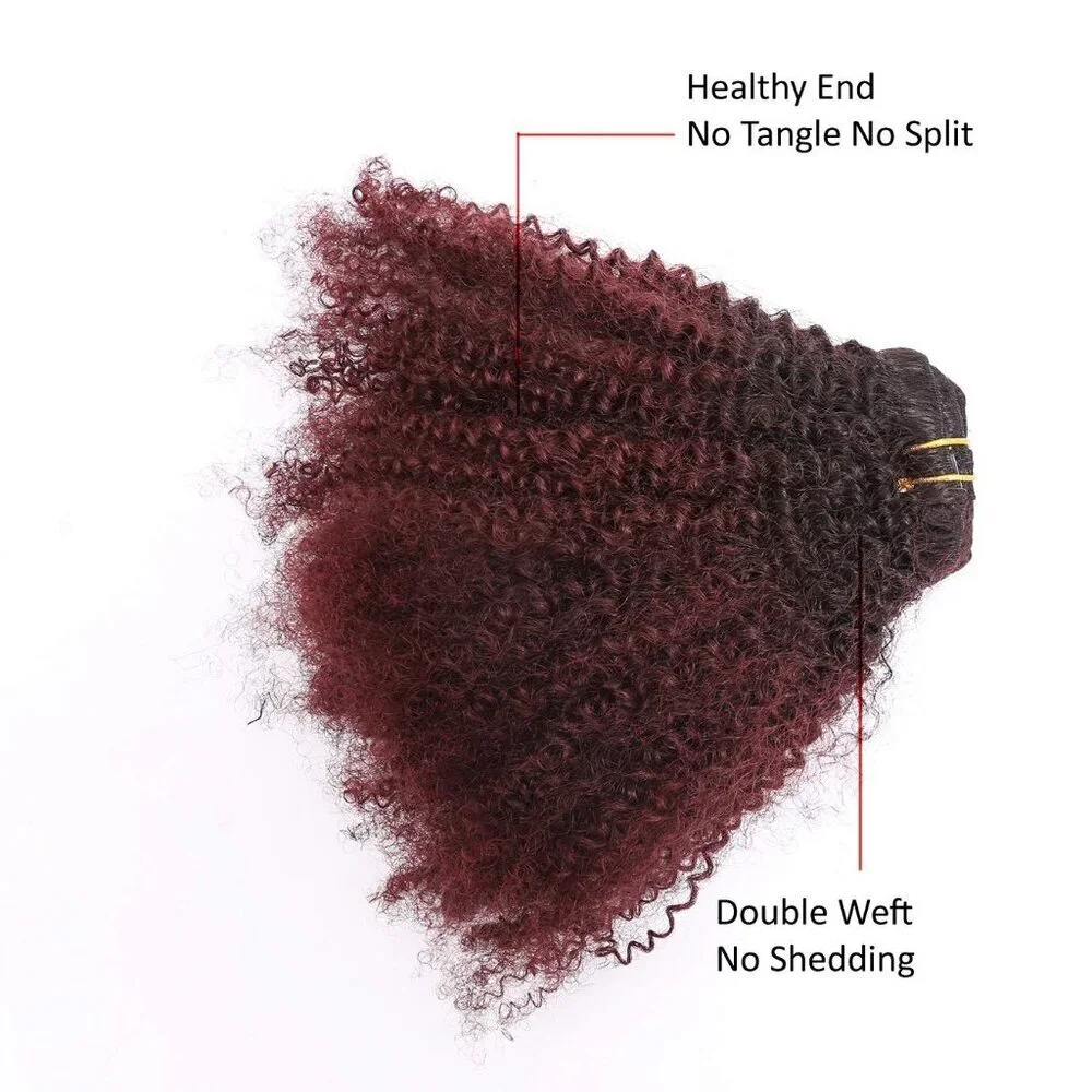 Human Hair Curly Clip Ins Afro Kinky Curly 10in Ombre Black to Red